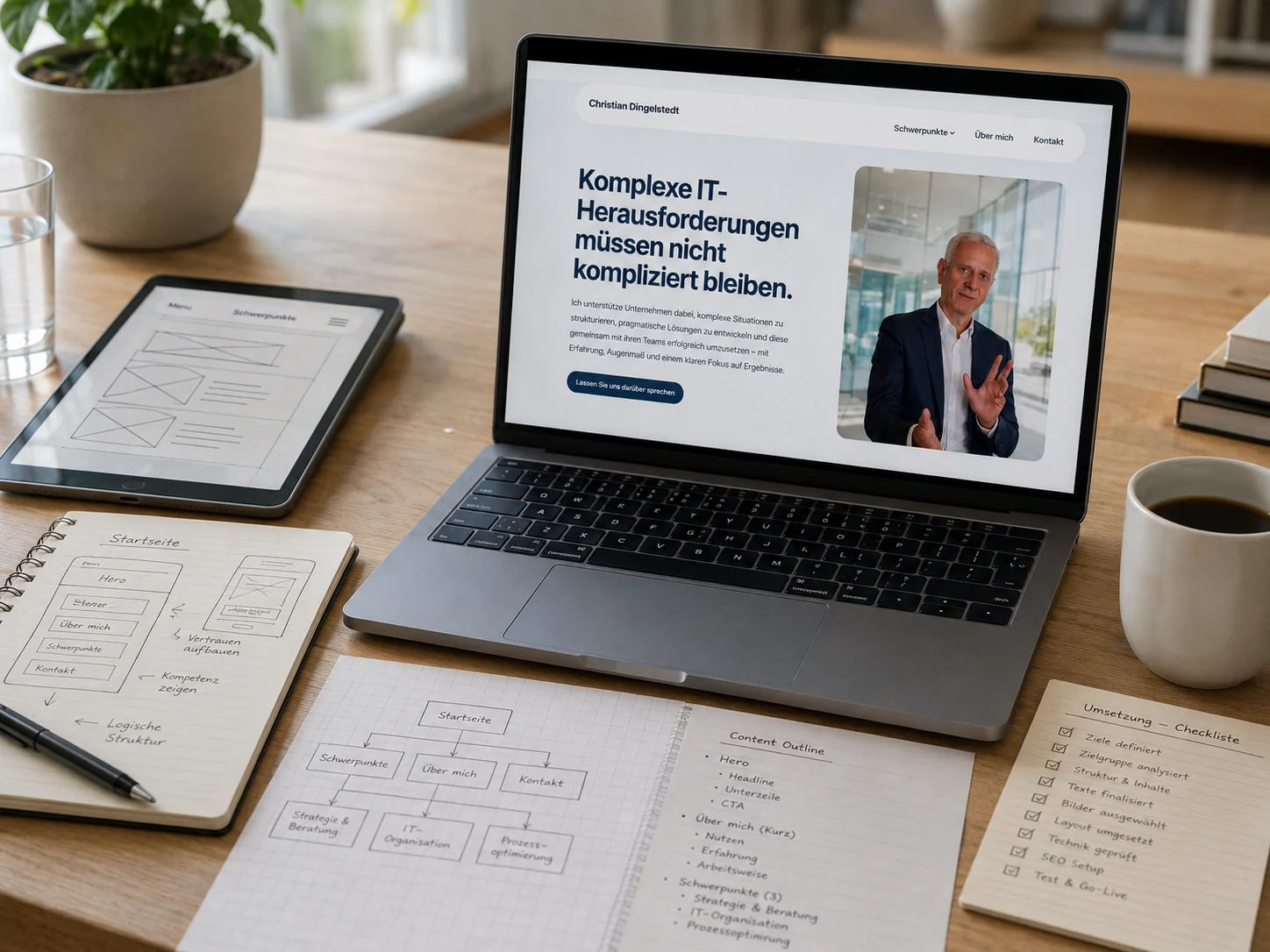 Fertige Website auf einem Laptop mit Wireframe, Seitenstruktur und Arbeitsunterlagen aus dem Entstehungsprozess